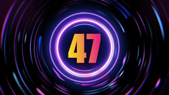 Neon number 47 animation with glowing purple circles on dark background