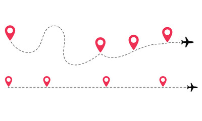 Timeline airplane journey path dashed line map pins infographic © DRISTY