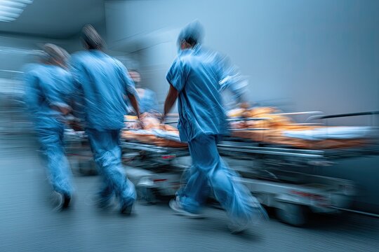 Medical professionals rush patient on gurney in blurred motion, conveying urgency