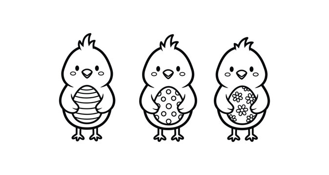 Three cartoon cockatiels holding easter eggs and candy