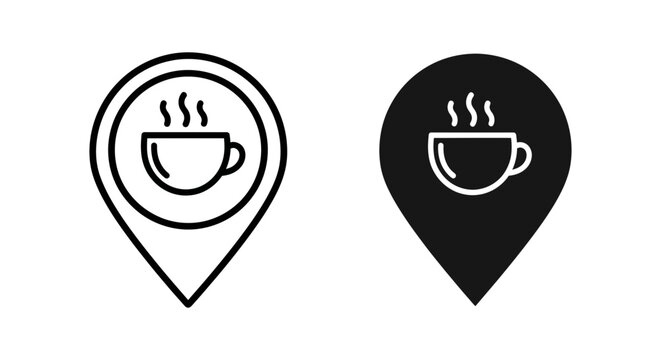 Black and white coffee cup location icons with steam rising