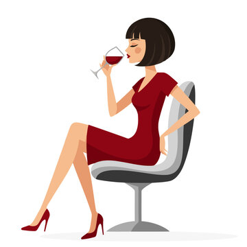 young woman drinking coffee,Elegant woman in red dress sitting on chair drinking red wine flat vector illustration