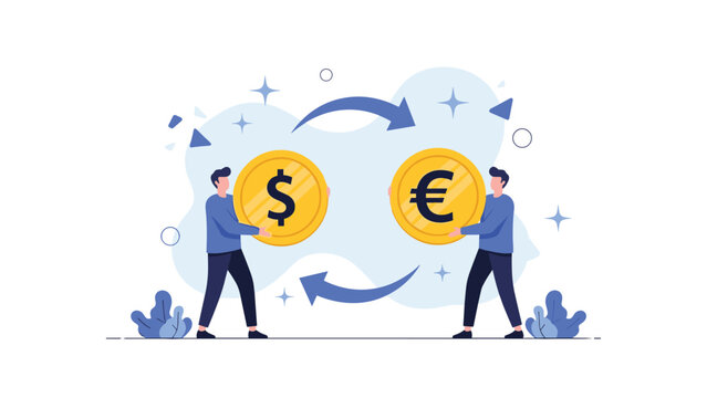 Two professional men facilitating a currency exchange by carrying large gold coins representing the US dollar and the European euro.