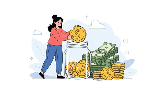 Young woman carefully putting a large gold coin into a glass savings jar next to stacks of paper money and golden coins.