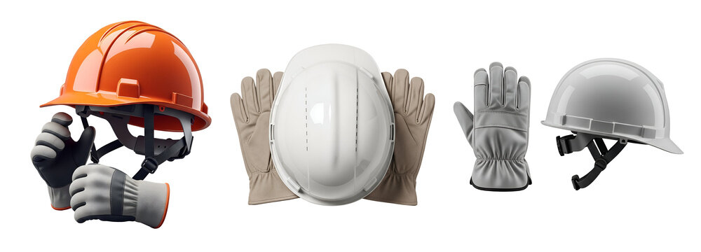 A collection of safety gear including hard hats and gloves on transparent background