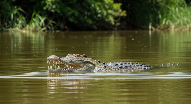 Spectacled Caiman Swimming in River with Open Mouth Display.