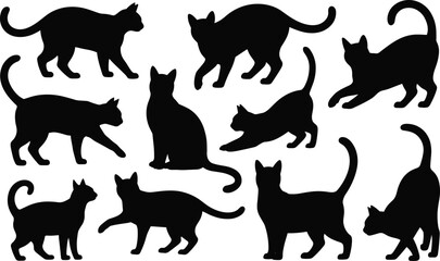 Assortment of Black Cat Silhouettes Depicting Various Poses and Movements on a White Background feline © Its me...