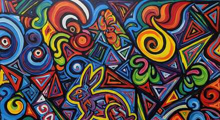 Fototapeta premium A vibrant abstract painting with a stylized rabbit, geometric shapes, and swirling patterns in bright colors.