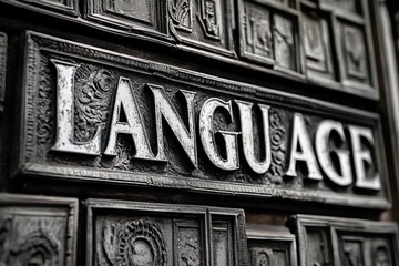 Obraz premium ornate carved plaque with raised letters spelling language on decorative panels conveying vintage scholarly mood
