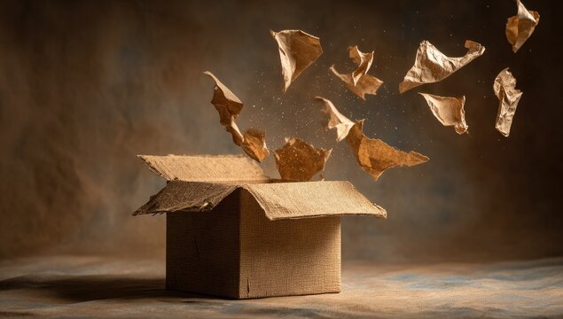 Brown paper shreds burst upwards from an open cardboard box