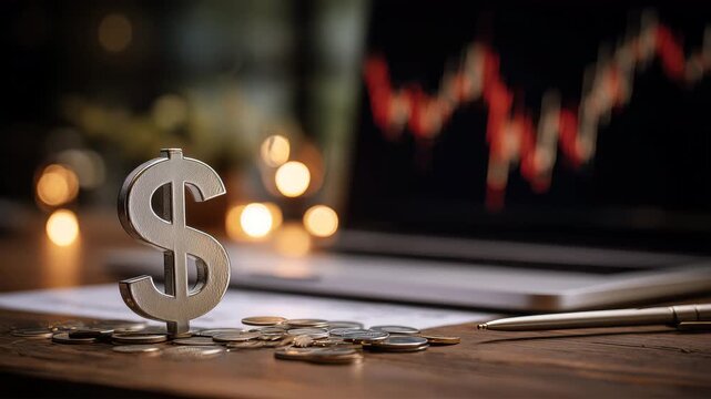机上のドル記号と硬貨と下落グラフの表示
