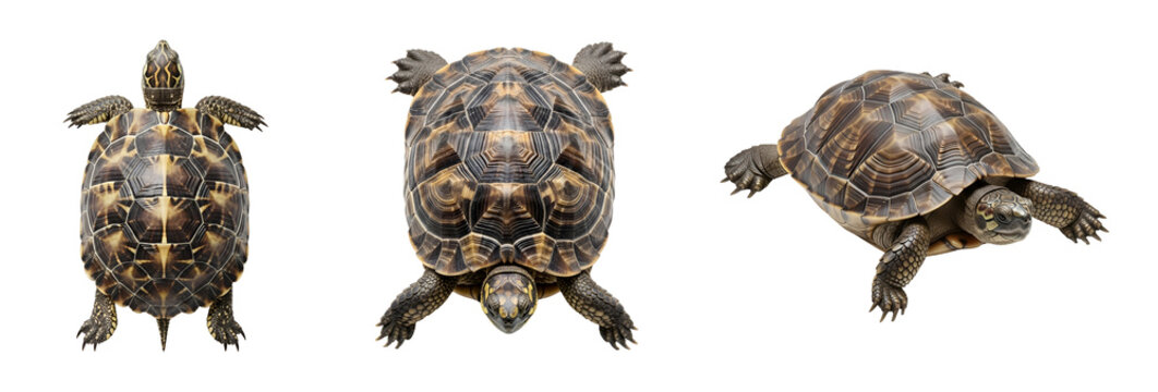 Three turtles in different poses on transparent background