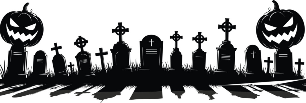 Halloween horizontal border silhouette with spooky graveyard tombstones, carved pumpkins, and long creepy shadows isolated on white background vector illustration (20 words)