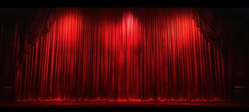 closed red velvet theater curtain on empty stage under dramatic spotlight, evoking suspense and anticipation