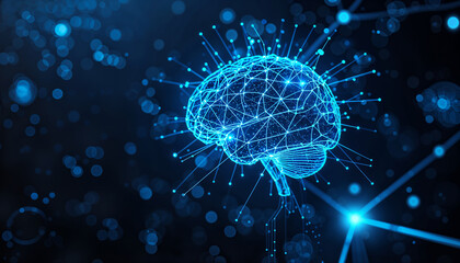 3D Glowing Artificial Intelligence Brain Neural Network Technology Concept