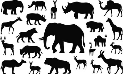 Silhouette collection of African safari animals including elephants rhinos giraffes and antelopes © Its me...