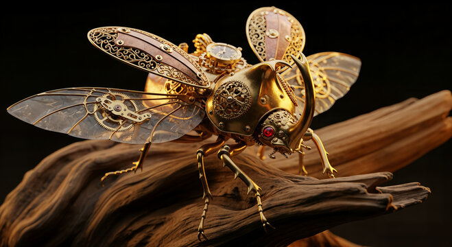 Steampunk mechanical beetle insect with brass gears and clockwork wings on wood, vintage industrial robot sculpture, fantasy retro technology art design concept