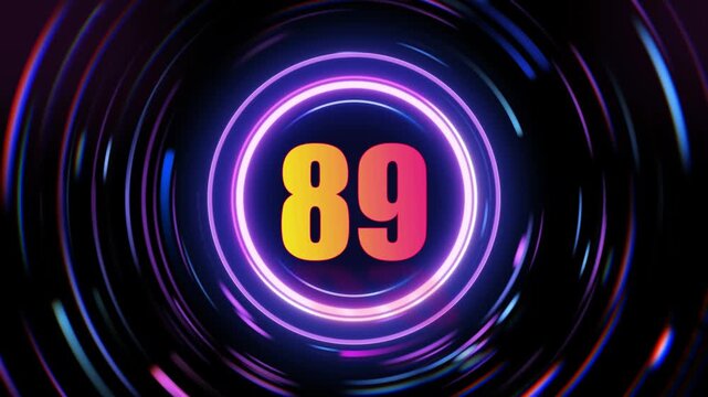Neon number 89 in purple rings on black background with color changing animation