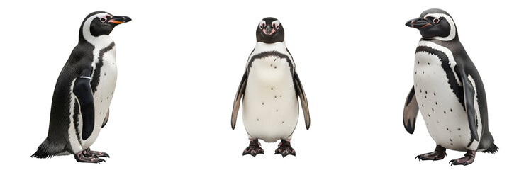 Obraz premium Three penguins standing on a transparent background, showcasing their distinctive black and white feathers
