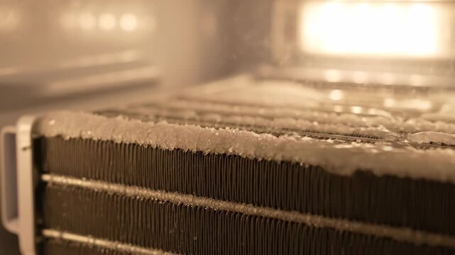 Close-up of refrigerator freezer coil with cooling elements inside fridge.