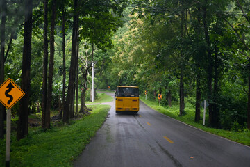 Obraz premium green nature in the two side of road in rural and bus thought, beautiful weather and natural