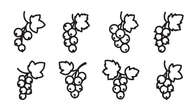 Collection of Black Outline Red Currant Berries with Leaves on White Background Stock Icons