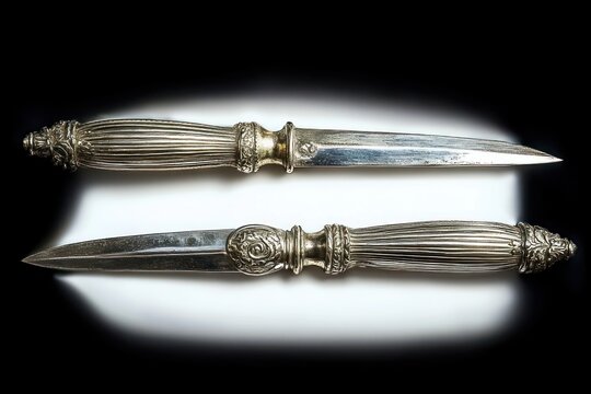 Pair of elegant ornate vintage silver daggers with fluted handles and polished blades on dramatic lighting