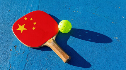 China flag pickleball paddle and ball on blue court sports equipment concept
