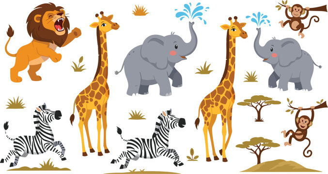 African safari animals vector illustration set featuring lion giraffe elephant zebra monkey and savanna nature elements