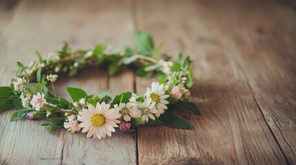 Obraz premium Beautiful hand-crafted flower crown made of blooming daisies and delicate greenery resting on a rustic wooden table with natural lighting