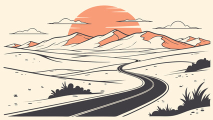 Minimal Desert Valley with Winding Road Vector Illustration © MdSzzad