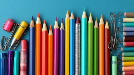 Fototapeta premium Colorful school supplies and educational materials arranged on a bright background for classroom learning, back-to-school organization, and creative study preparation