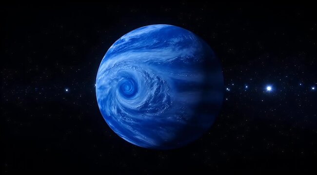 Blue gas giant planet with swirling storm clouds, cinematic deep space background with stars, realistic 3D exoplanet in dark cosmic void