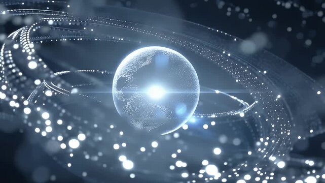 Glowing digital data sphere with binary flow