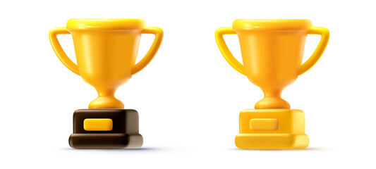Fototapeta na wymiar 3d mesh gold trophy cups with different colored bases, set of realistic golden winners awards with pedestals. Vector illustration of icons for championship, achievement and success concept