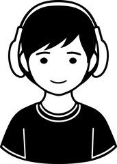 Obraz premium Hand Drawn Boy Wearing Headphones Black and White Avatar Illustration in Minimal Line Art Style Design