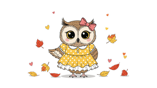 Charming owl character wearing a yellow polka dot dress and pink bow amidst falling colorful autumn leaves and hearts.