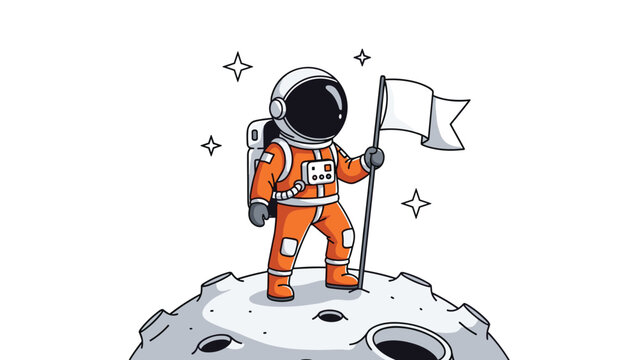 Brave astronaut in a bright orange space suit standing on the moon surface while holding a white flag of exploration.