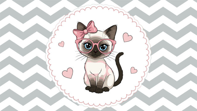 Elegant Siamese cat wearing pink glasses and a bow inside a decorative circular frame on a grey chevron background.