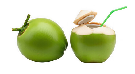Fresh coconut with straw and green slice on white isolated on transparent background