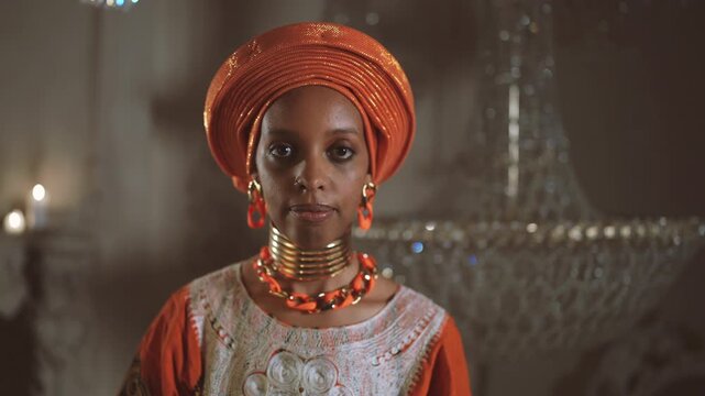 Unique modest beauty of african princess, pretty black lady in traditional gown. Diversity of female beauty and sensuality, culture and aesthetic of africa, art and folk style, rich royal palace