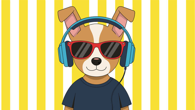 Stylized illustration of a cool brown dog wearing red sunglasses and blue headphones over a vibrant yellow and white striped background pattern.