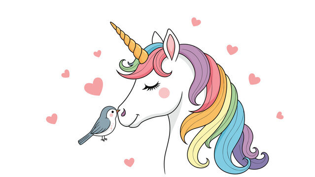 Beautiful white unicorn with a rainbow mane and gold horn looking at a small blue bird surrounded by floating pink hearts nursery art print.