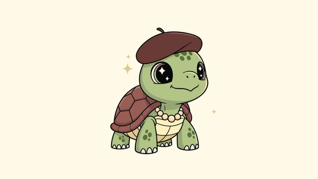 Cute green turtle wearing a brown beret and a pearl necklace smiling with sparkling stars in a charming cartoon illustration for children art.