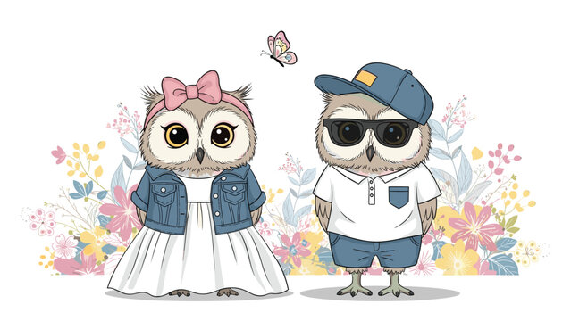 Stylish owl couple dressed in human clothes standing in front of a colorful flower garden in a whimsical and cute illustration for wedding card.