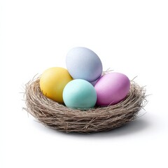 Obraz premium A charming nest of eggs, pastel-colored, symbolizing renewal and new beginnings, a seasonal celebration. ..Created with Generative AI, not depicting real subjects.