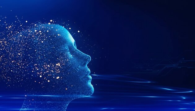 A digital illustration of a human head in profile made of glowing particles in a dark blue background