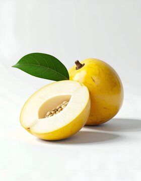 Delicious Yellow Lucuma Fruit with Leaf on White Background.