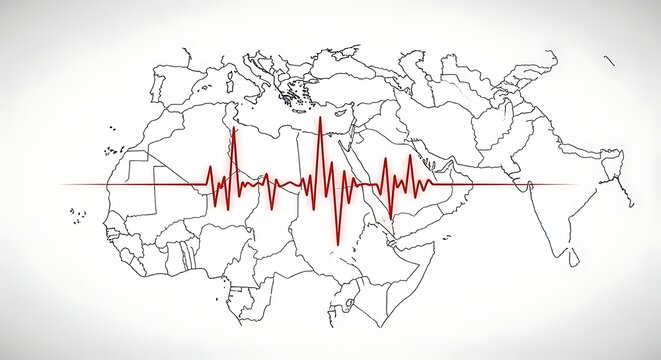A red electrocardiogram waveform superimposed over a map of the Middle East and North Africa region.