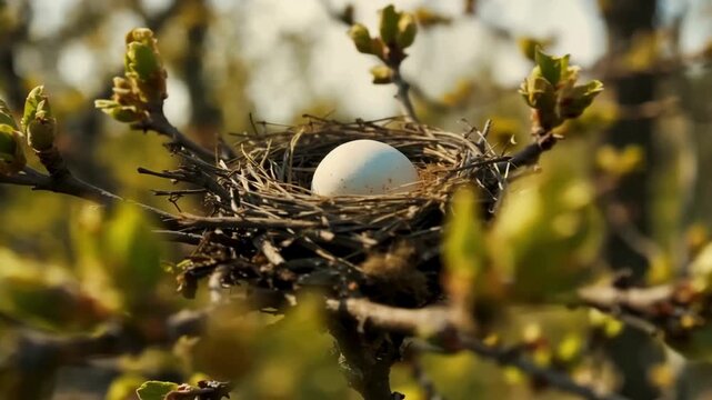 Bird Egg in Nest on Spring Tree Branch. A close-up of a small bird's nest containing one white egg, nestled among budding green leaves on a sunny spring day.